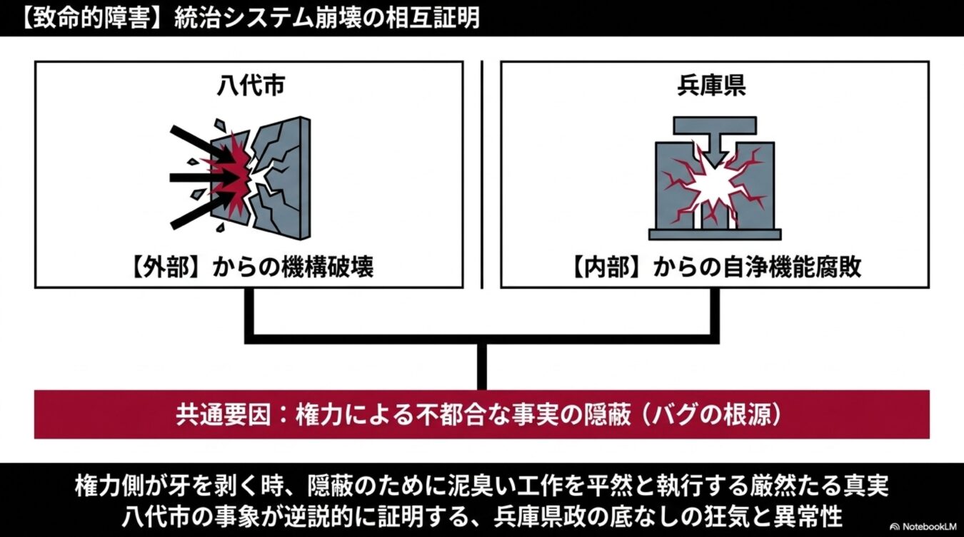八代市の外部からの機構破壊と兵庫県の内部からの腐敗を対比させ、共通の要因である権力による隠蔽が統治システムを崩壊させる様子を示す図。