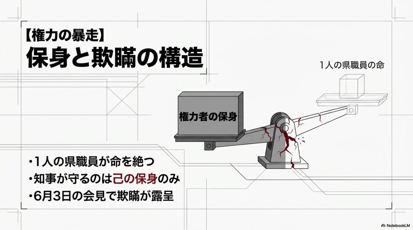 権力の暴走 保身と欺瞞の構造という見出しの下、天秤で権力者の保身が1人の県職員の命より重く扱われ、天秤が崩壊する様子を描いた図解。