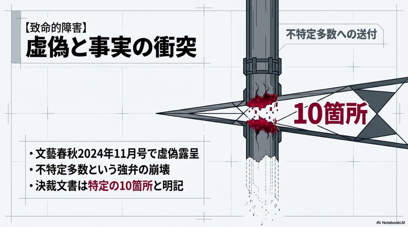 文藝春秋2024年11月号で虚偽が露呈した件を解説。不特定多数への送付という主張が崩壊し、決裁文書で特定の10箇所に送付と明記されていた事実を図解。