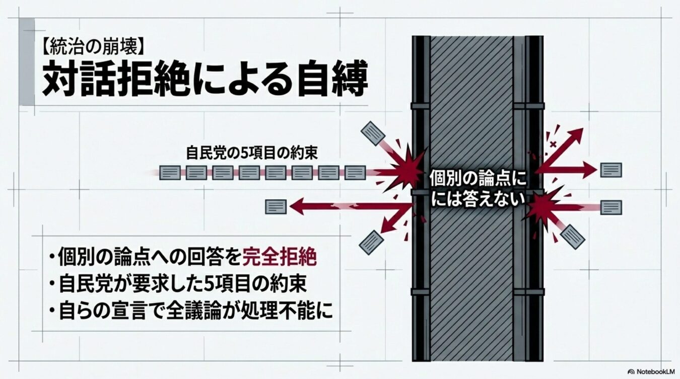 自民党の5項目の約束が個別の論点には答えないという壁で跳ね返され、議論が処理不能になる様子を表した図解。