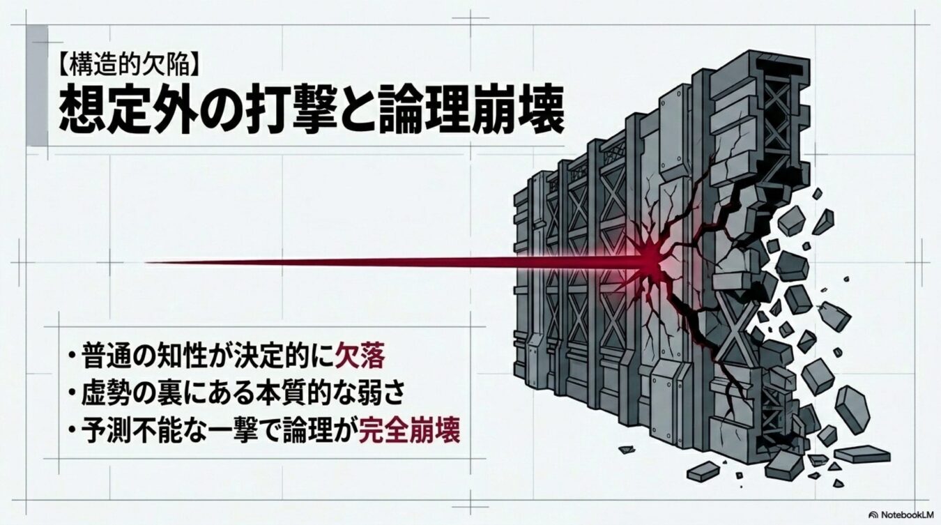 構造的欠陥として、赤いレーザーのような一撃で強固な壁が論理崩壊を起こし、崩れ落ちる様子を描いた図解。