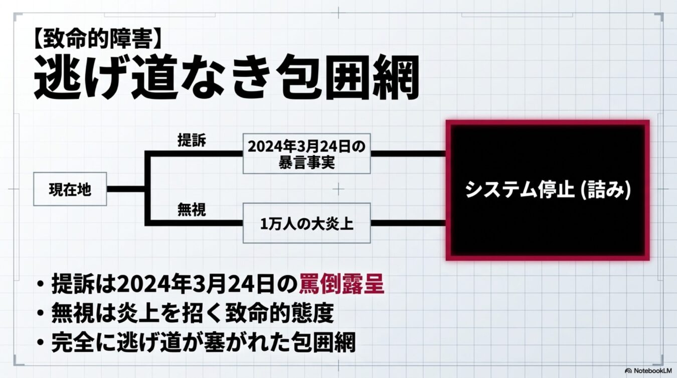 提訴や無視を選択しても最終的にシステム停止へ至る、逃げ道のない状況を示した図解。2024年3月24日の暴言や炎上を起点とした因果関係を説明している。