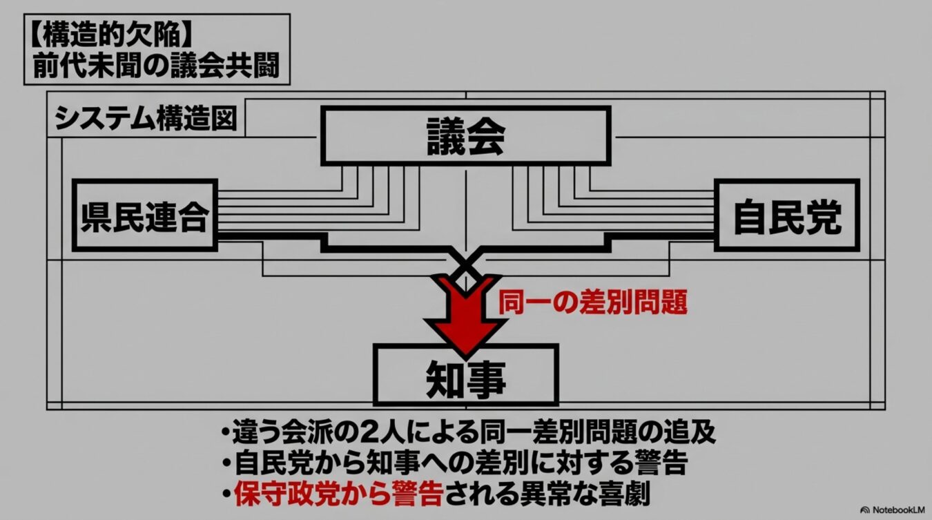 県民連合と自民党が同一の差別問題で知事を追及する、議会共闘と構造的欠陥を示すシステム構造図。