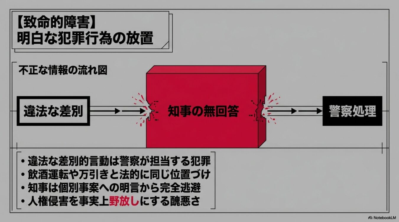 違法な差別から警察処理への流れにおいて、知事の無回答が犯罪行為を放置する致命的障害であることを示す図。