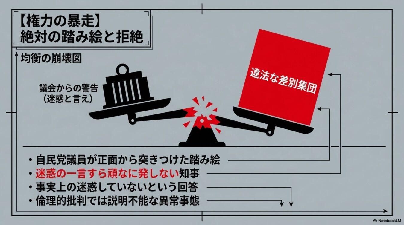壊れた天秤の図を用い、議会からの警告と違法な差別集団を巡る知事の対応を権力の暴走と批判するスライド。