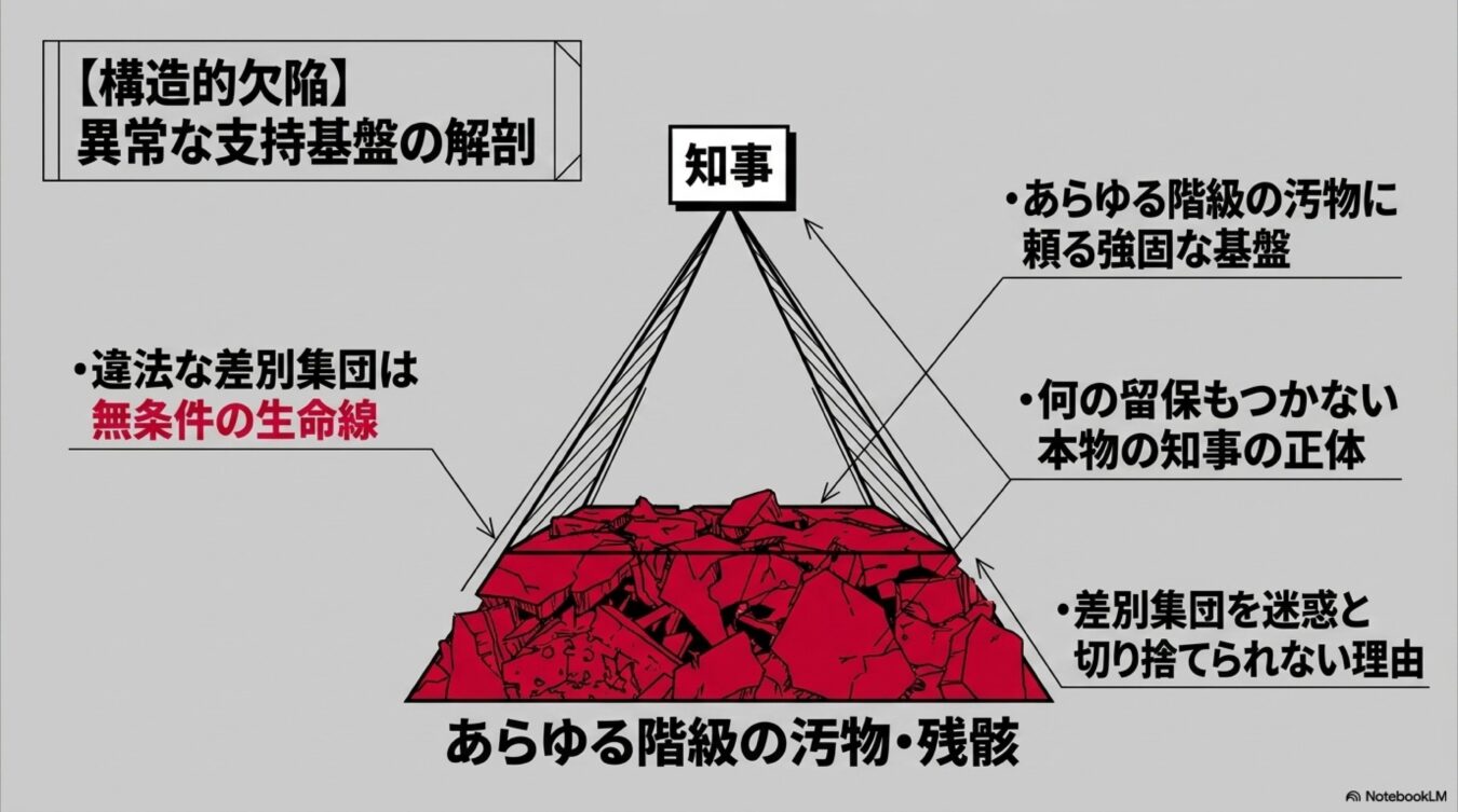 知事の支持基盤をあらゆる階級 of 汚物・残骸とし、差別集団との関係や構造的欠陥を指摘する図説。