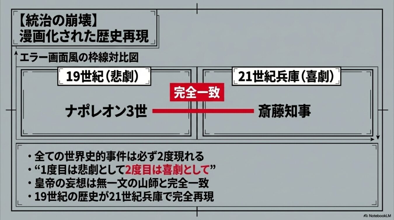 ナポレオン3世と兵庫県の斎藤知事を対比し、1度目は悲劇、2度目は喜劇とする歴史の完全一致を示す図解。