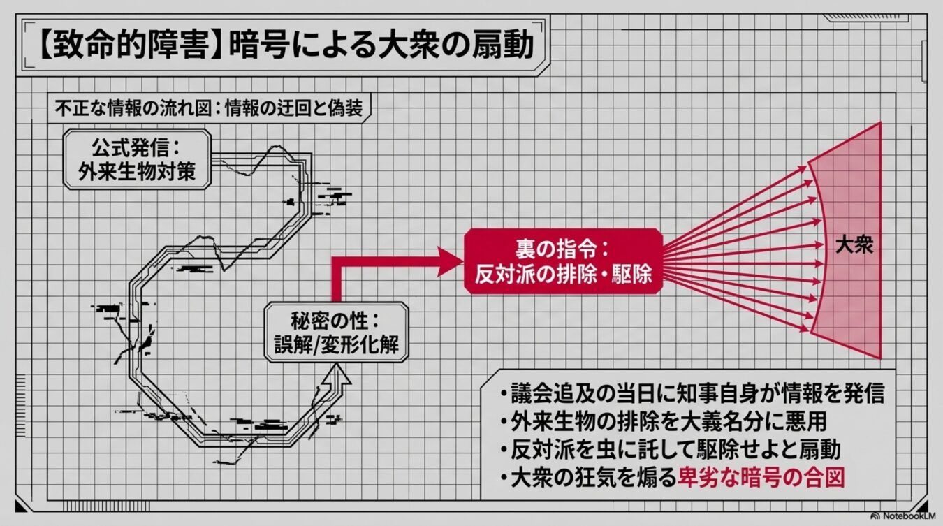 公式発信から裏の指令が大衆へ伝わる暗号による大衆の扇動の仕組みを示した、情報の流れ図。