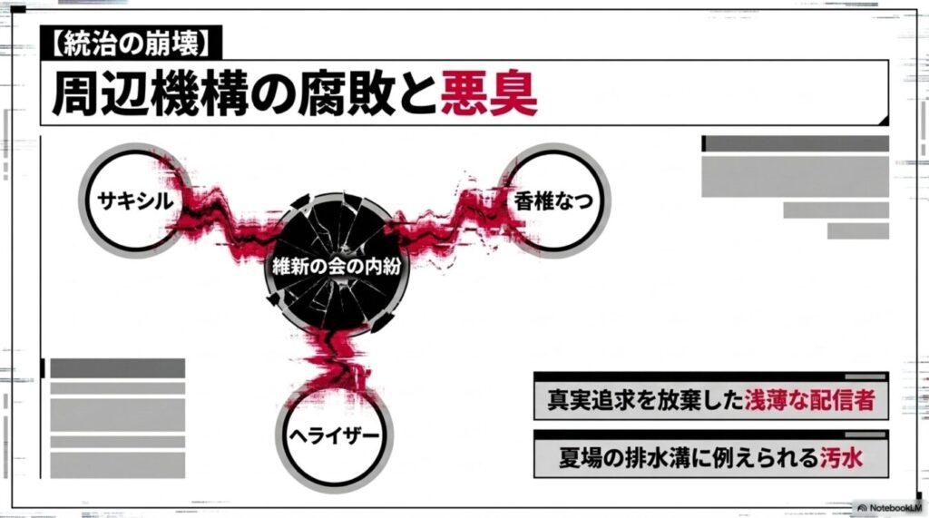 統治の崩壊と題し、サキシル、香椎なつ、ヘライザーと維新の会の内紛を関連付け、配信者の腐敗と汚水に例えた図解。