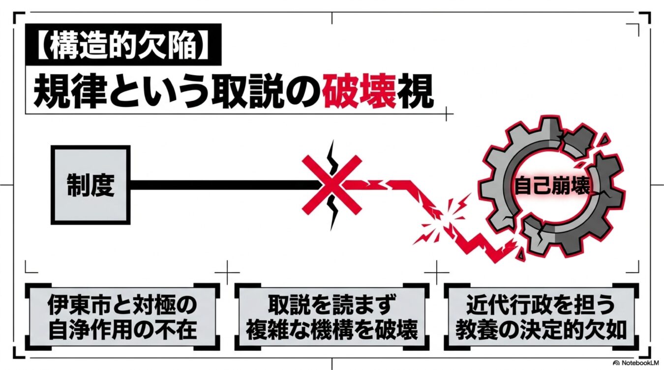 制度の構造的欠陥と、取説を無視した運用による自己崩壊を、行政の教養欠如と自浄作用の不在という観点から図解した資料。