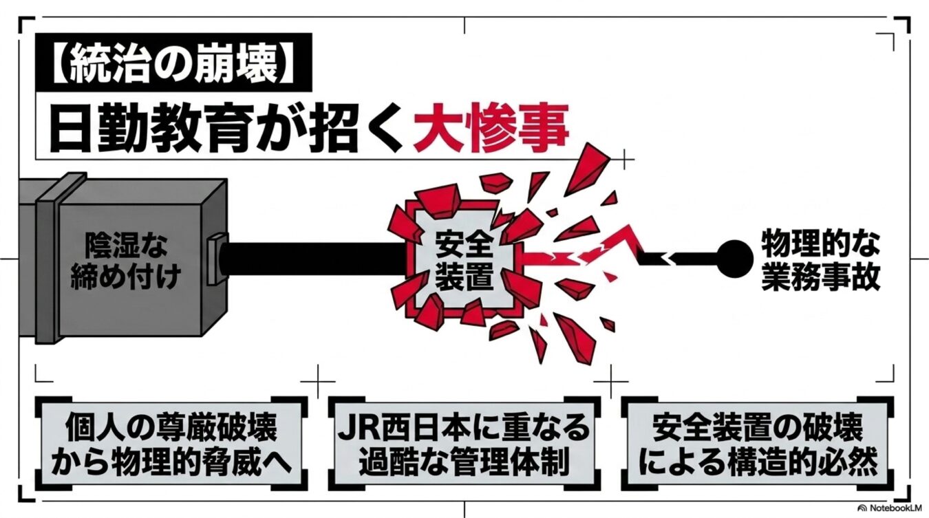 統治の崩壊をテーマに、日勤教育という陰湿な締め付けが安全装置を破壊し、物理的な業務事故へ繋がるJR西日本の過酷な管理体制を解説した図解。