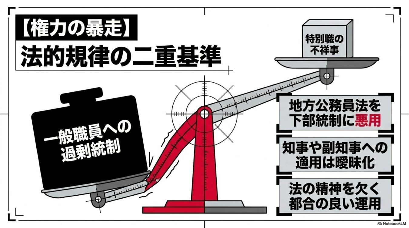 天秤の図解。特別職の不祥事より一般職員への過剰統制が重く扱われる、法の二重基準と権力の暴走を批判するイラスト。