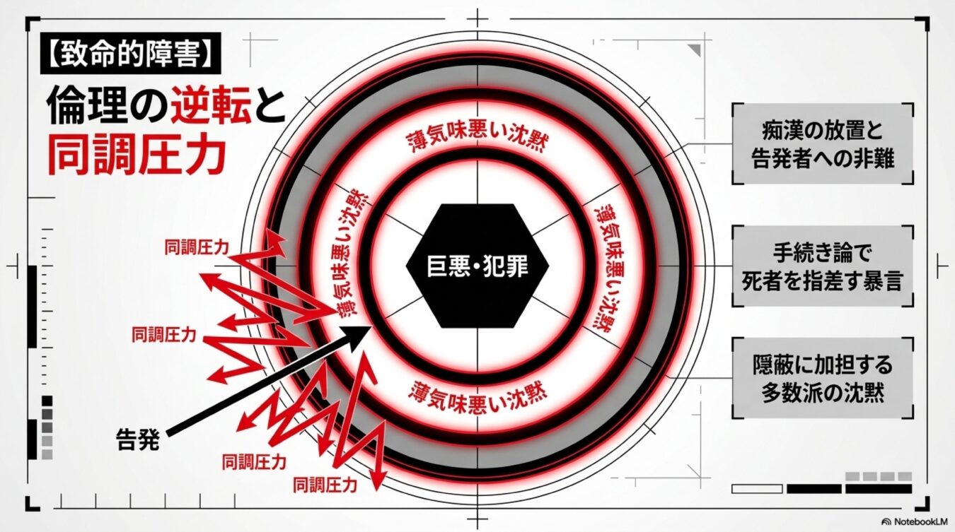 倫理の逆転と同調圧力をテーマに、巨悪・犯罪を守る沈黙と告発を阻む同調圧力の構造を示した図解。