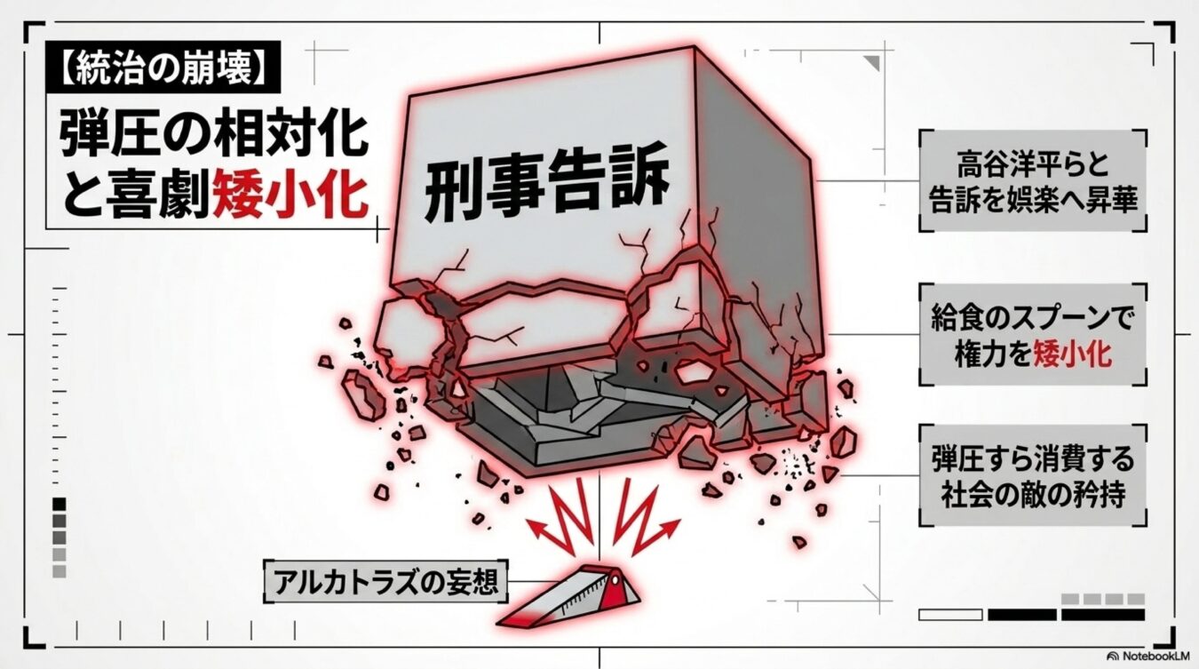 刑事告訴と書かれた巨大な立方体が崩れる図解。弾圧の相対化や権力の矮小化といった社会的な批評と論点を図式化している。