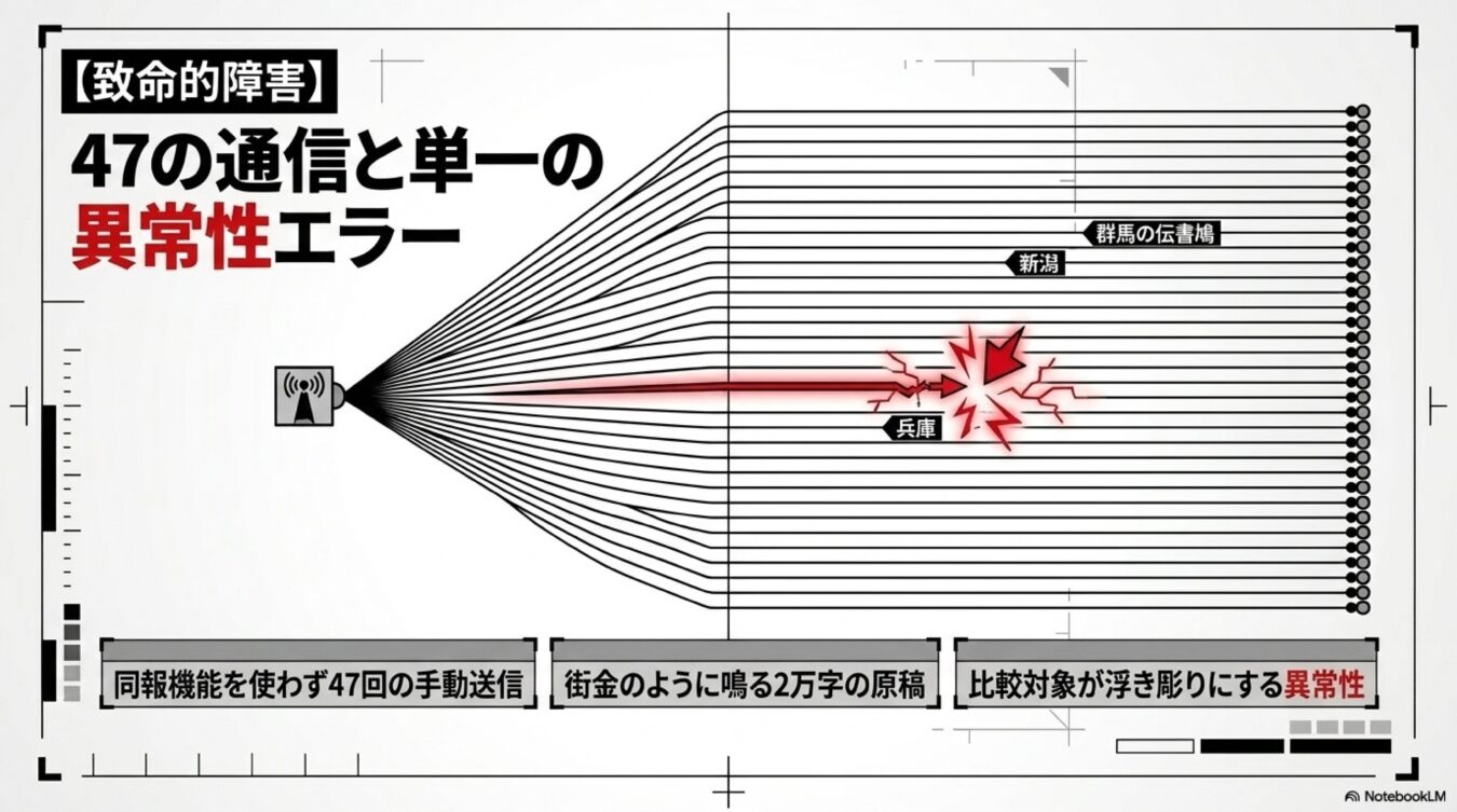 47の通信のうち兵庫で異常発生を示す図解。同報機能を使わず47回手動送信など、通信障害の発生状況と異常性の比較を視覚的に解説しています。