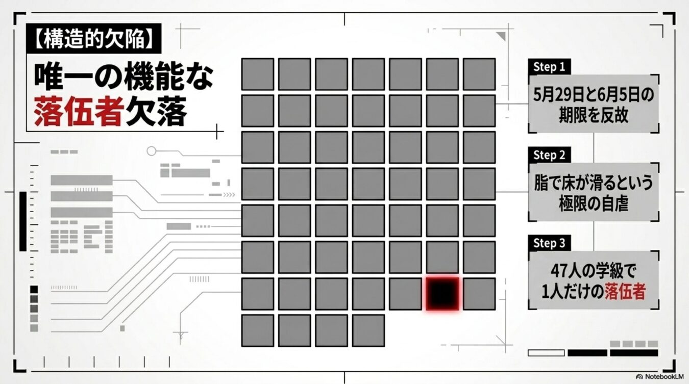 47個のグリッドのうち1つが赤く強調された図。構造的欠陥として、期限の反故、極限の自虐、落伍者の発生という3つのステップが示されている。