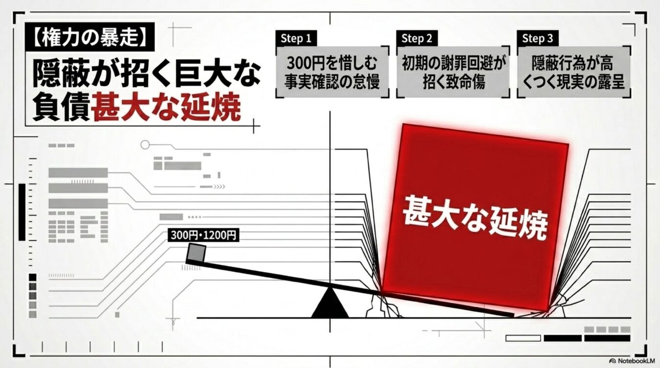 隠蔽が招く巨大な負債をテーマに、小さな怠慢と甚大な延焼の不均衡を天秤で表現した解説図。