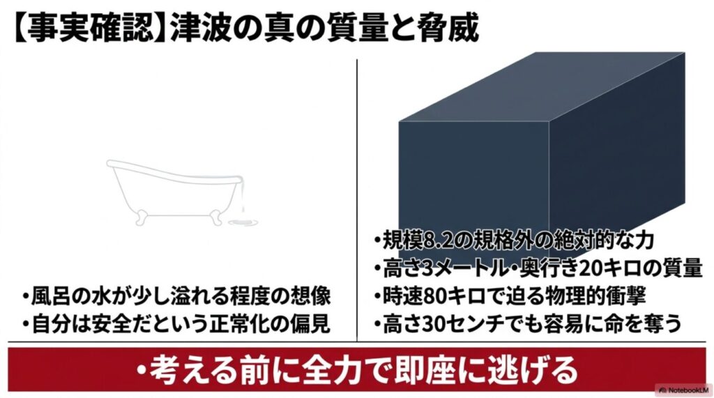津波に対する誤った想像と真の圧倒的な質量・脅威を対比し、即座の避難の重要性を説明する図解。