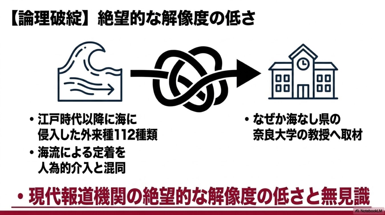 海の外来種問題を海なし県の大学教授に取材した、現代報道機関の論理破綻と解像度の低さを指摘するスライド。