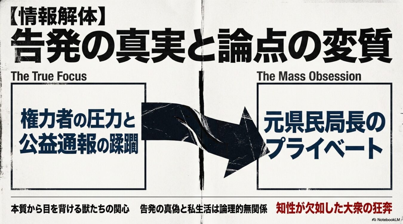 告発の真実と論点の変質：権力者の圧力と公益通報の蹂躙という本質から、元県民局長のプライベートへの論点移行。