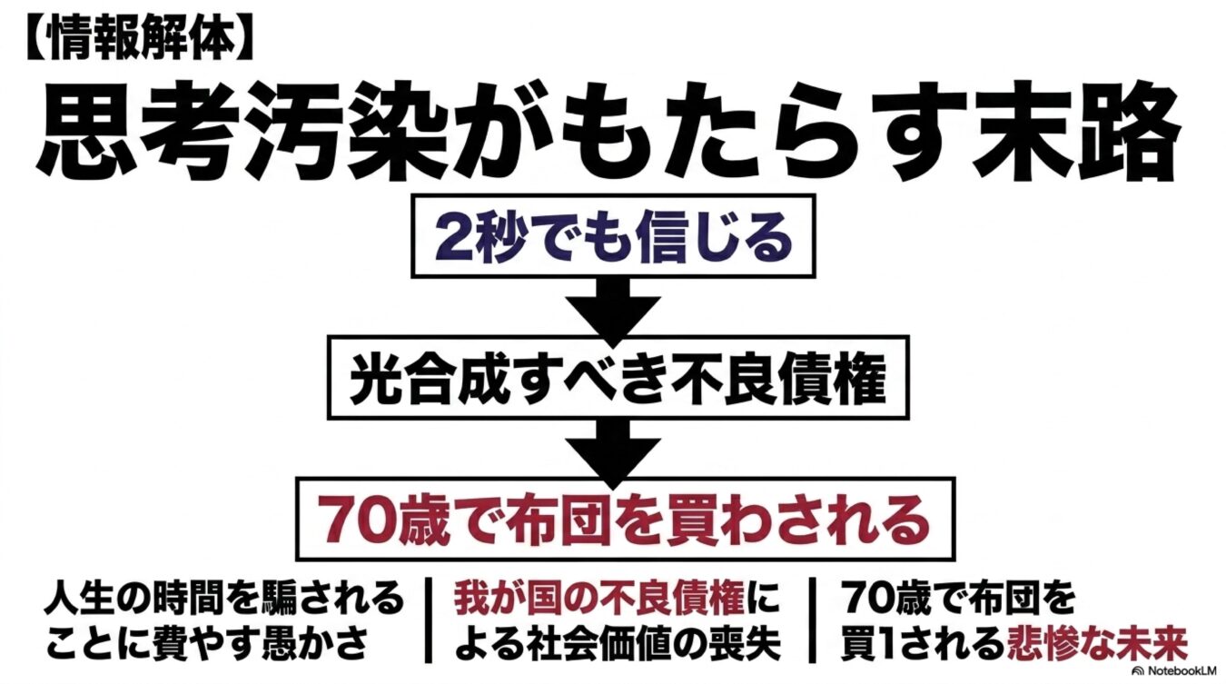思考汚染がもたらす末路として、安易な信用から大きな損失を被るまでのプロセスを解説した図解。