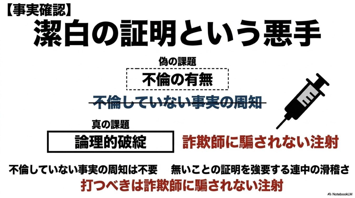 潔白の証明を悪手とし、偽の課題である不倫の有無ではなく、真の課題である論理的破綻と対策の重要性を示す図解。