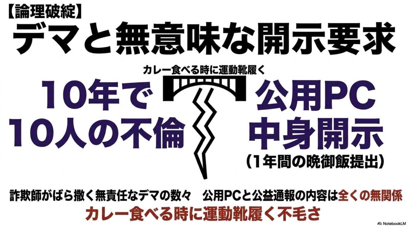 デマと無意味な開示要求をテーマに、公用PCの開示要求や不倫の噂の論理破綻と無関係さを批判するメッセージ。