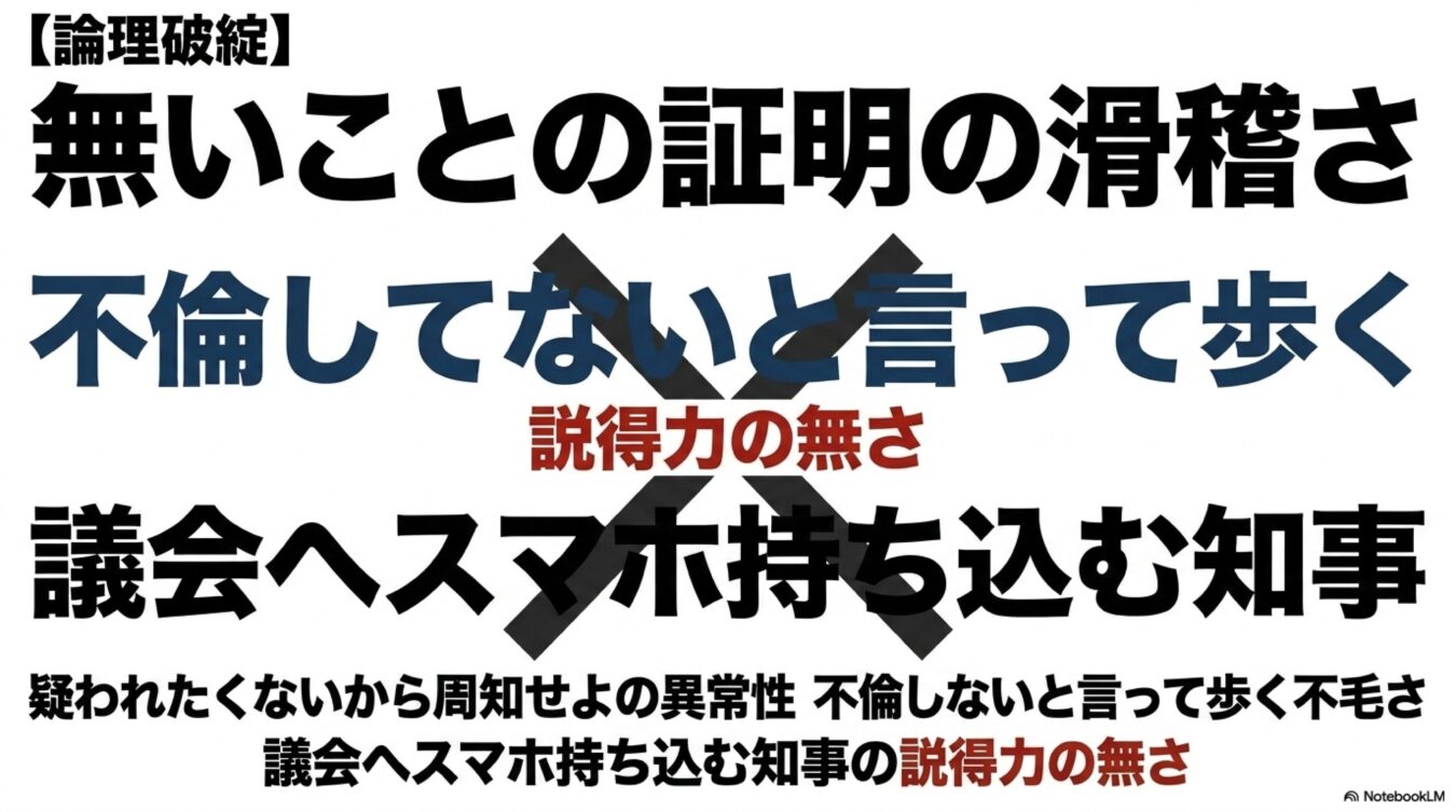 無いことの証明の滑稽さや、議会へスマホを持ち込む知事の説得力の無さについて、論理破綻であると批判しています。