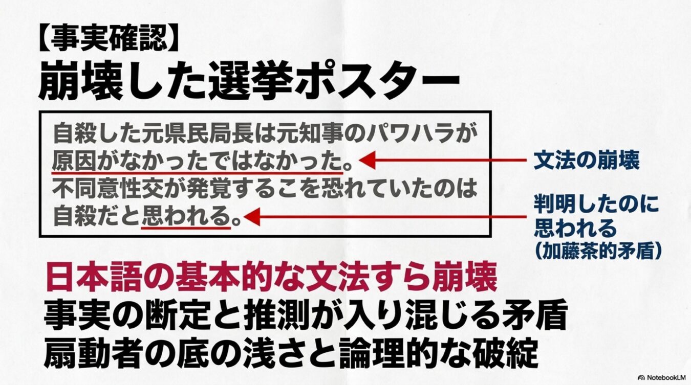 崩壊した選挙ポスターと題し、記載された文章の日本語文法エラーや論理的矛盾を指摘し批判するテキスト。