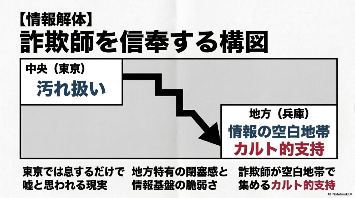 東京で汚れ扱いされる詐欺師が、地方の情報空白地帯でカルト的支持を集める構造を示す図解。