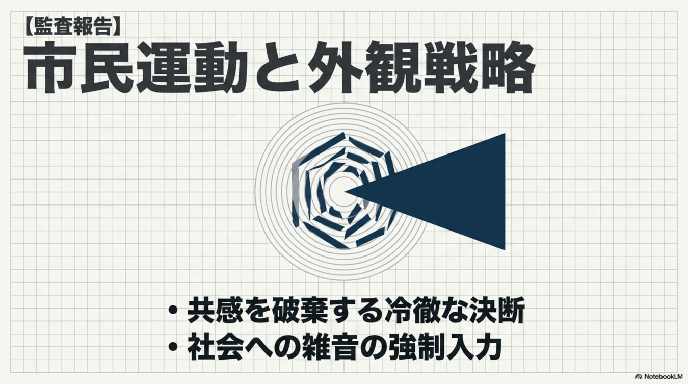 監査報告市民運動と外観戦略。共感を破棄する冷徹な決断と、社会へ雑音を強制入力するという二つの指針が、図解とともに示されている。