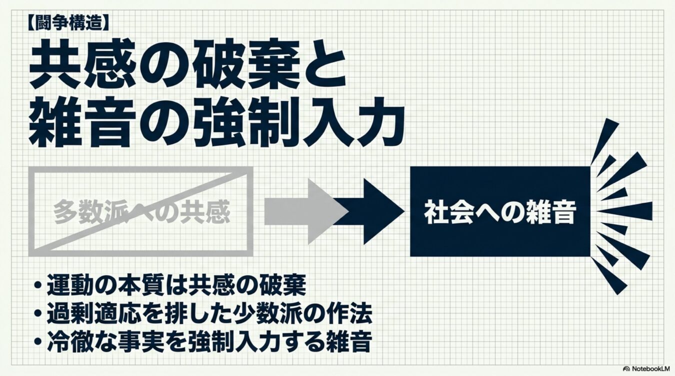 闘争構造:共感の破棄と雑音の強制入力という題材のもと、多数派への共感を破棄し、社会へ冷徹な事実という雑音を強制的に入力する少数派の運動手法を解説した図解。