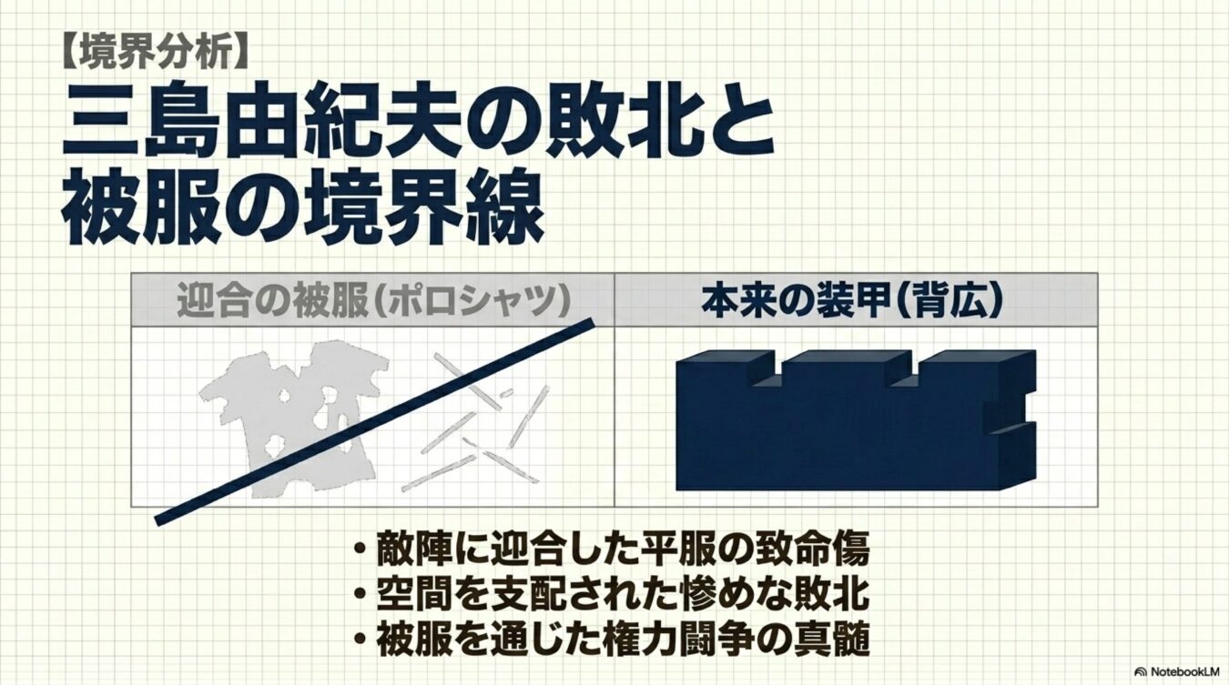 三島由紀夫の敗北と被服の境界線を題し、迎合のポロシャツと本来の装甲(背広)を比較解説する図解スライド。