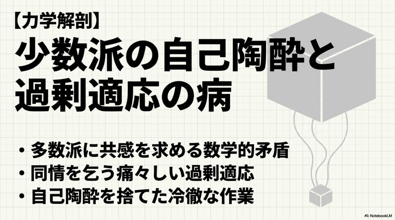 【力学解剖】少数派の自己陶酔と過剰適応の病。多数派への共感の矛盾や過剰適応、自己陶酔を捨てた冷徹な作業の解説。