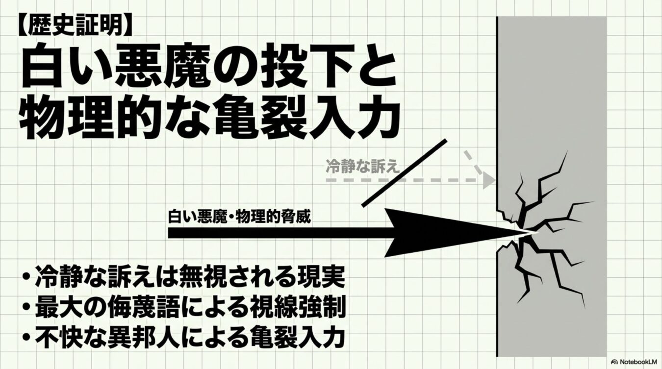 白い悪魔の投下と物理的な亀裂入力という題で、冷静な訴えが届かず物理的脅威が亀裂を生む様子を表した図