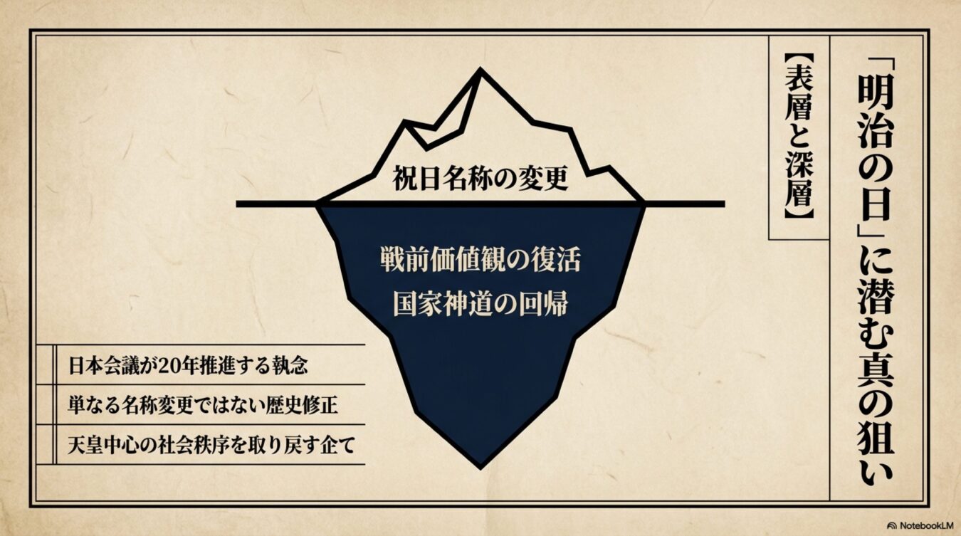 明治の日への祝日名称変更の裏にある、戦前価値観の復活や国家神道への回帰という真の狙いを解説した氷山の図。