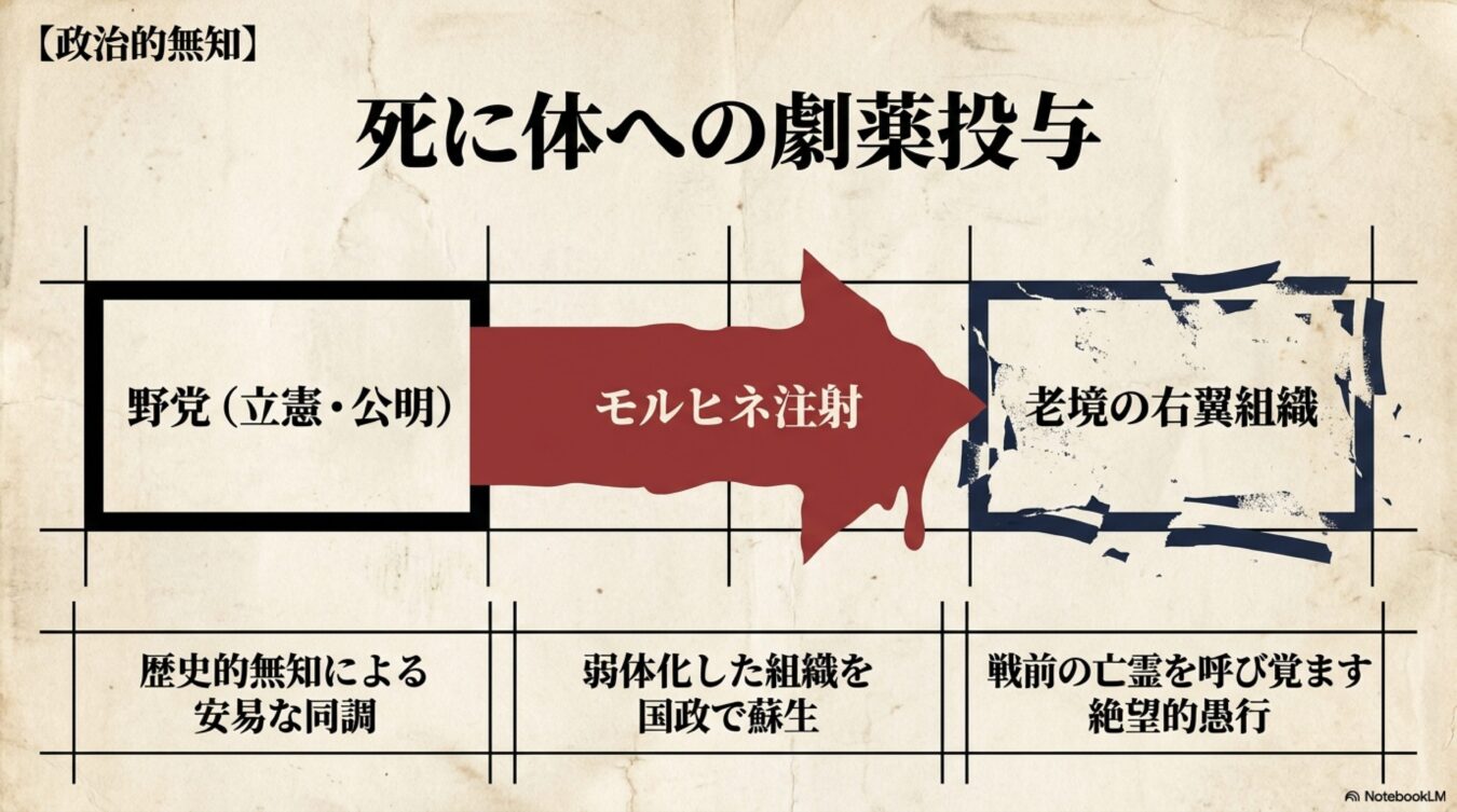 野党による老境の右翼組織へのモルヒネ注射を描き、歴史的無知による愚行として批判する政治的図解。