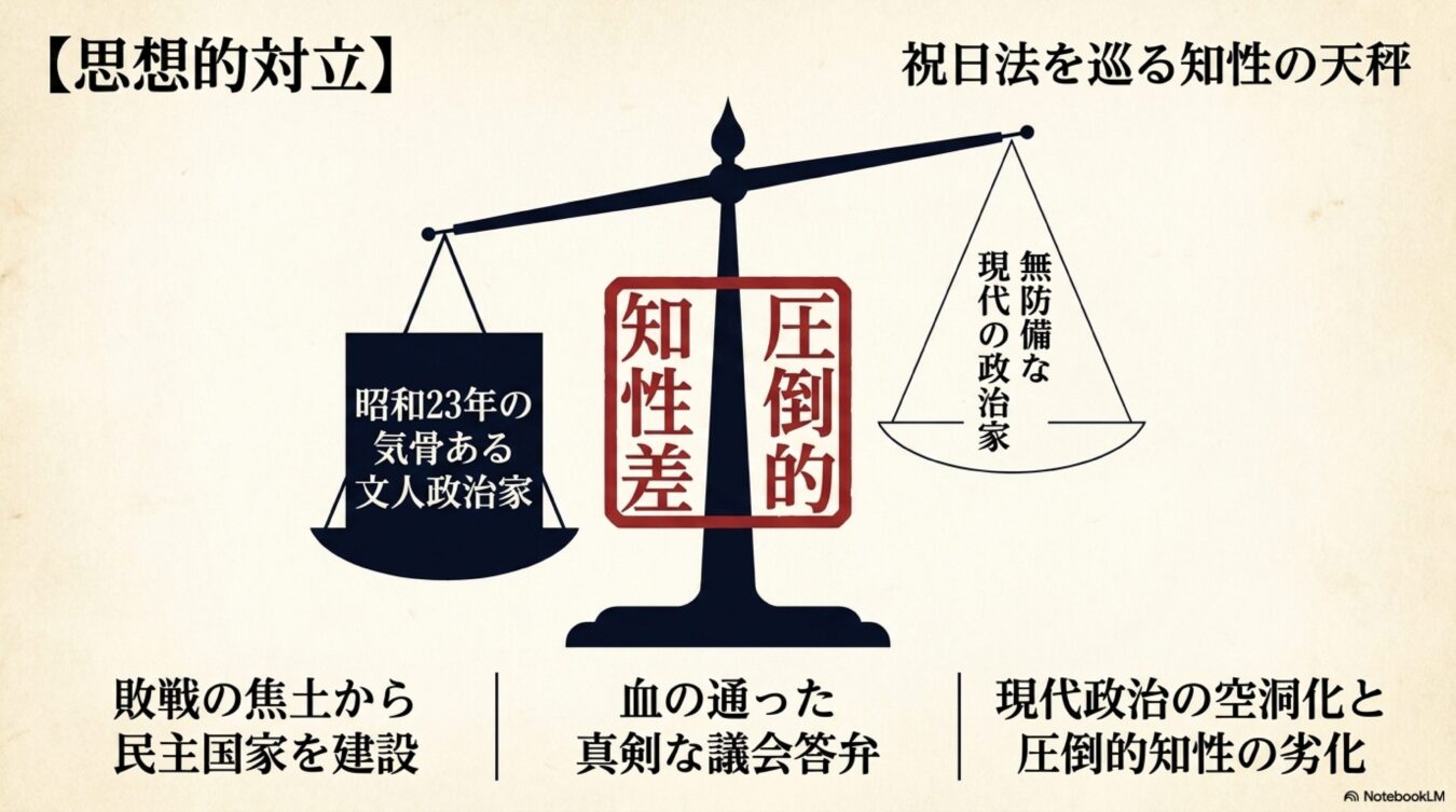 祝日法を巡り、昭和23年の気骨ある文人政治家と無防備な現代の政治家の圧倒的な知性差を天秤で対比する。