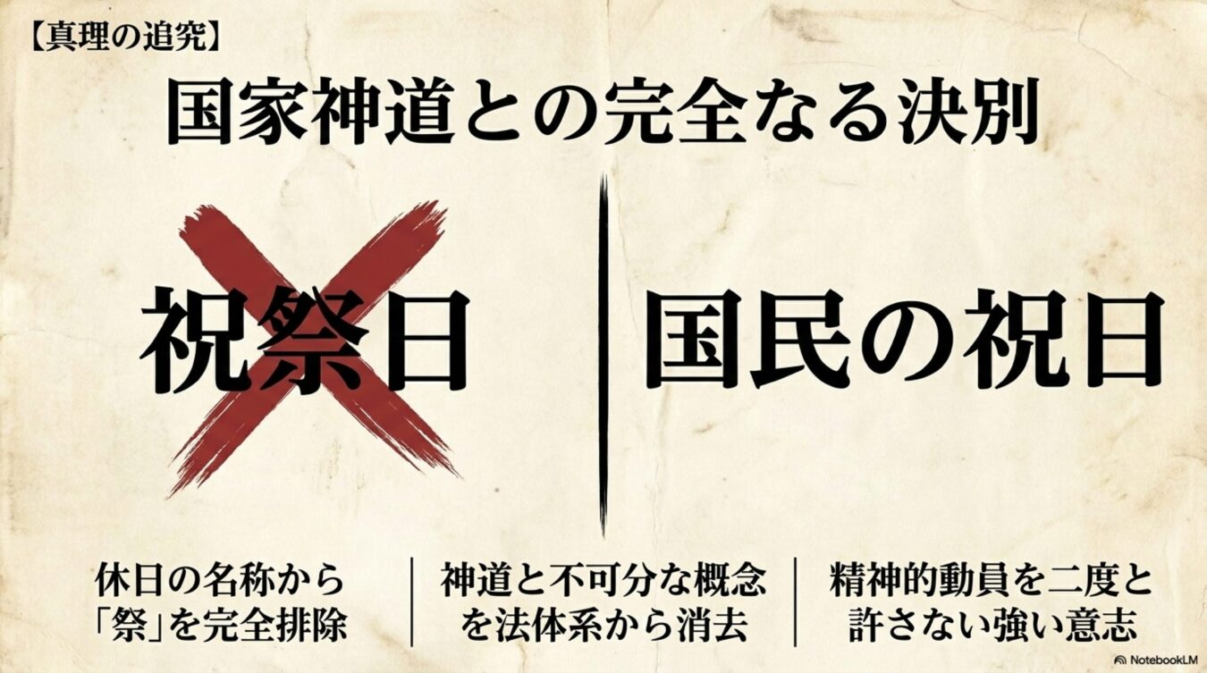 国家神道との完全なる決別を掲げ、名称から祭を排除して祝祭日から国民の祝日へと移行した経緯。