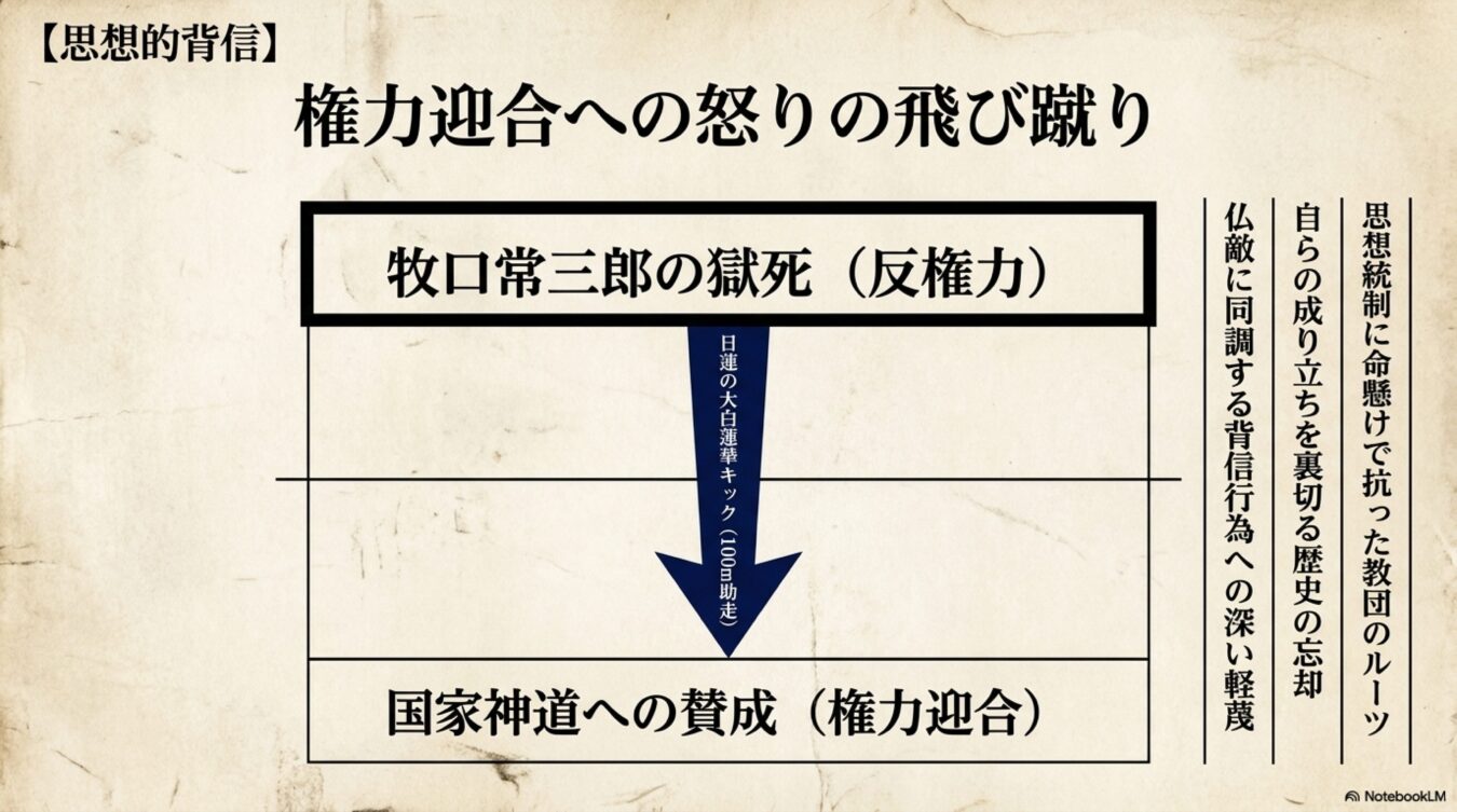 牧口常三郎の獄死と国家神道への賛成を対比し、権力迎合への怒りや思想的背信を批判的に表した図解。