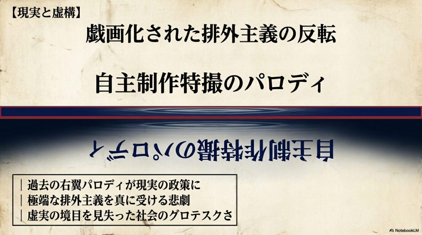 現実と虚構:戯画化された排外主義の反転とし、自主制作特撮のパロディや虚実の境目を見失った社会を解説する資料。