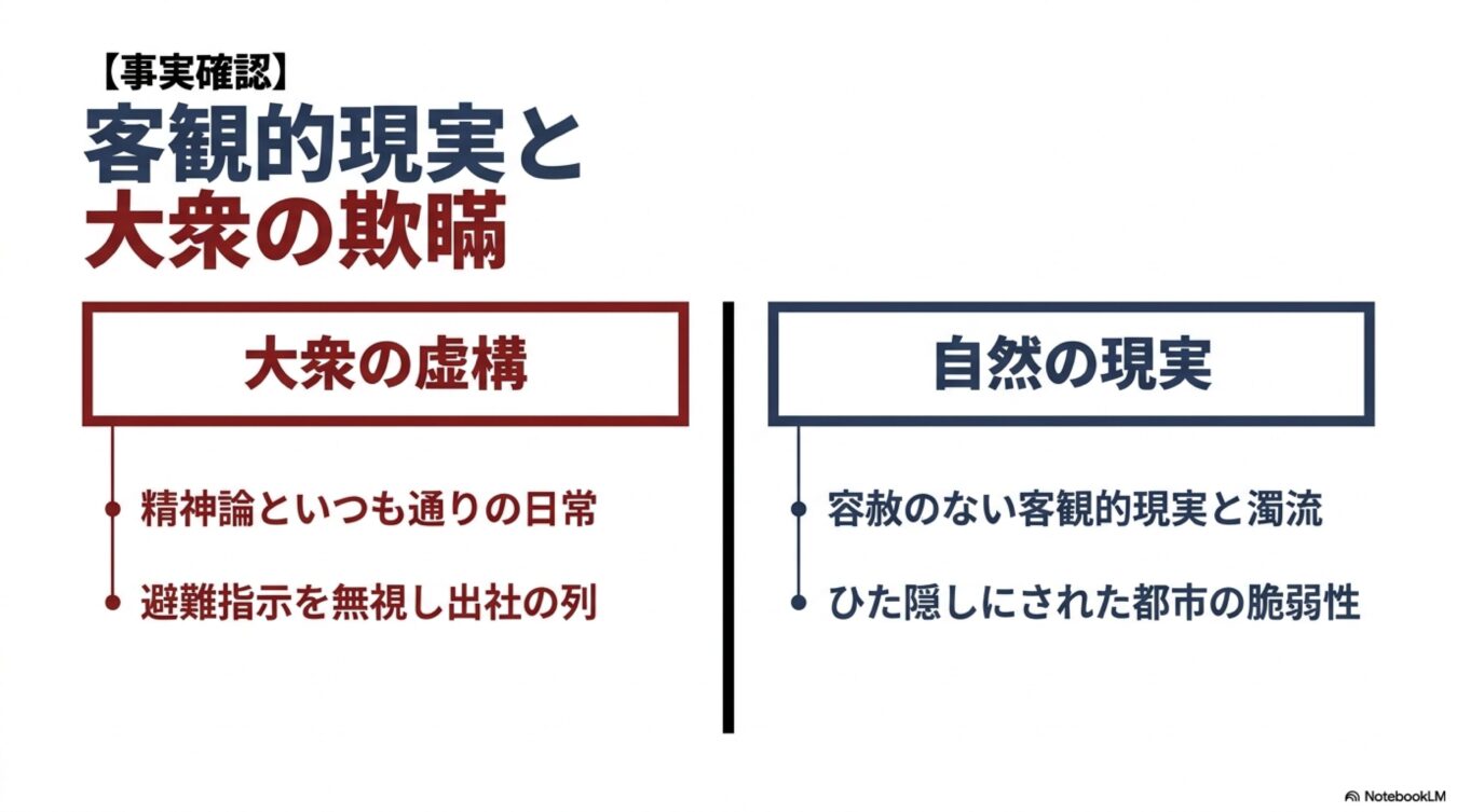 客観的現実と大衆の欺瞞をテーマに、大衆の虚構である精神論の日常と、隠された自然の現実である都市の脆弱性を対比させた比較図。