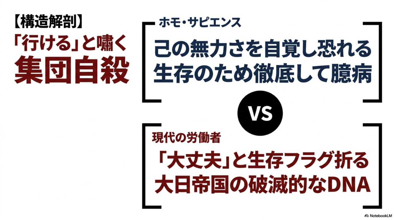 生存本能を持つホモ・サピエンスと、危機を軽視する現代の労働者を対比し、組織の破滅的な構造を解剖した比較図。
