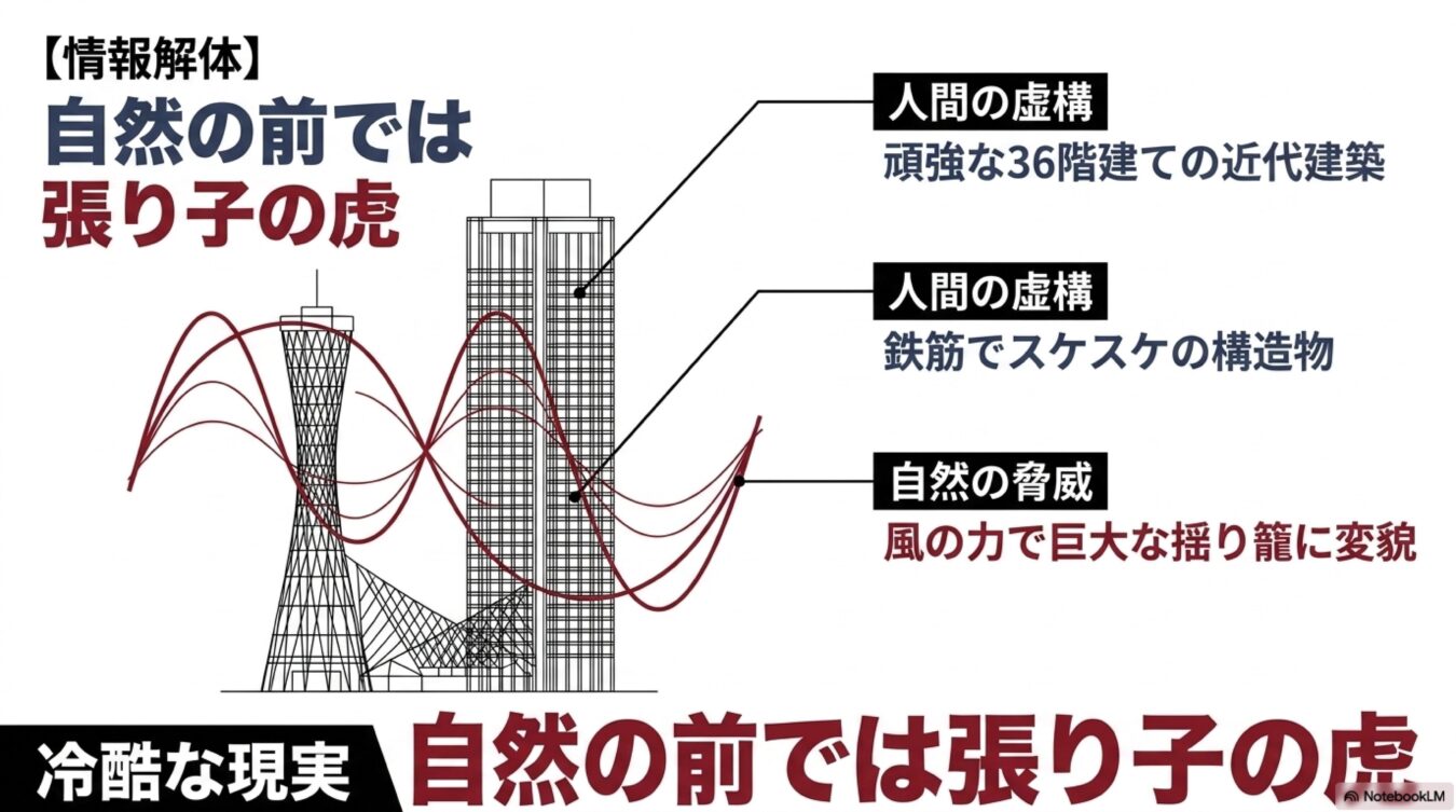 近代建築物が自然の風の力で大きく揺れる様子を張り子の虎と表現し、人間の虚構と自然の脅威の対比を構造図で解説した図解。