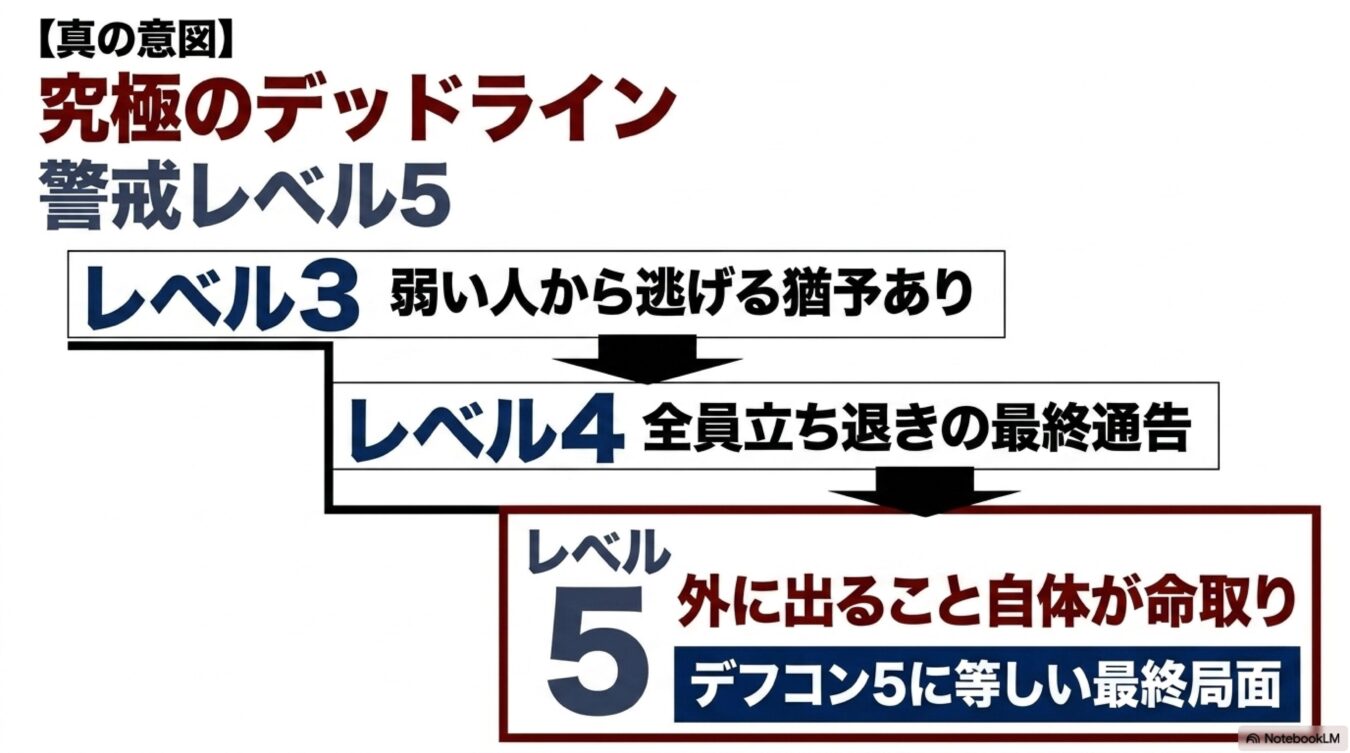 真の意図と題された警戒レベルの段階図。レベル3の猶予段階からレベル4の立ち退き通告を経て、レベル5で外出が命取りとなる最終局面へ至る緊急事態のフローチャート。