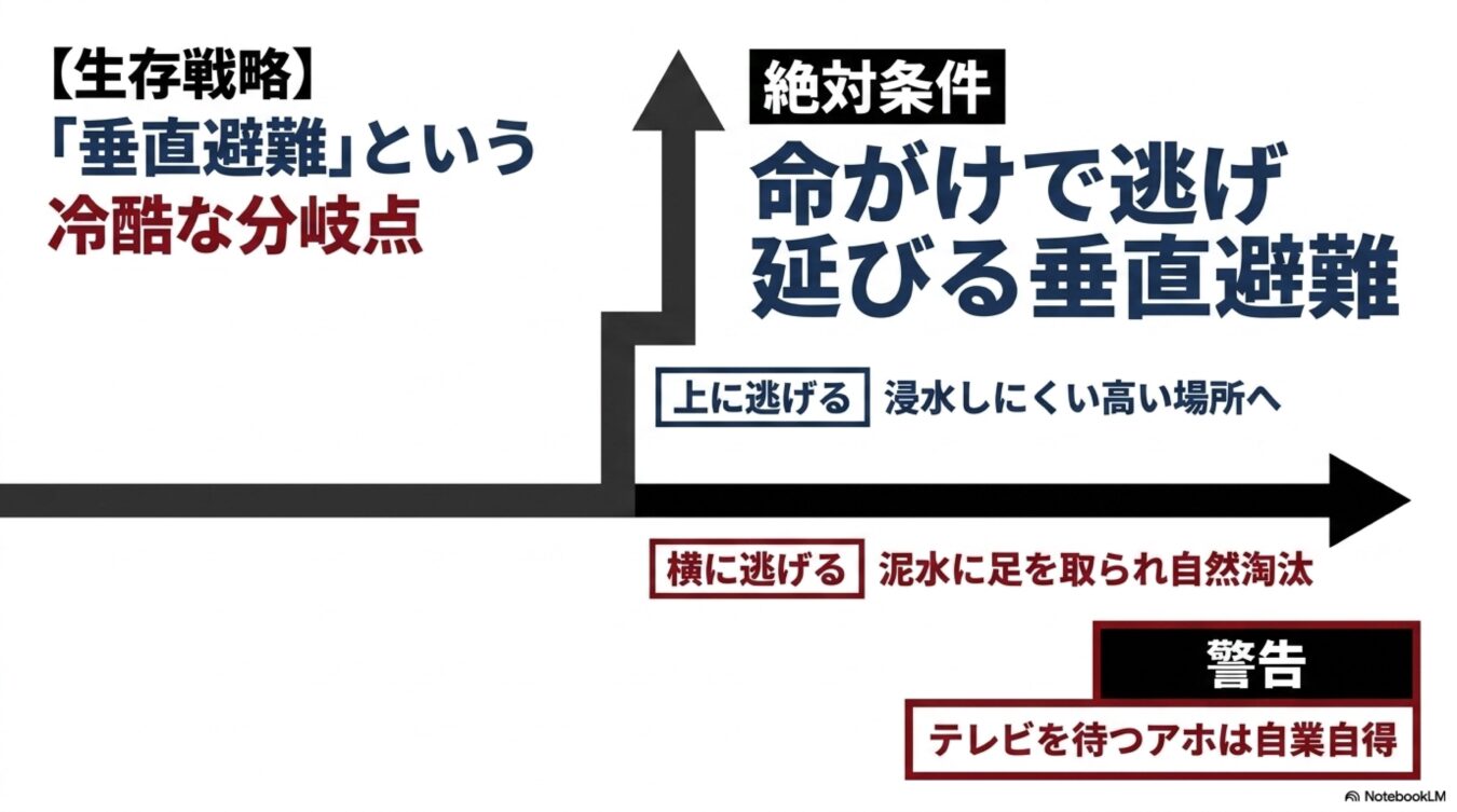 浸水時に命を守るための生存戦略として、横に逃げるのではなく、浸水しにくい高い場所へ移動する垂直避難の重要性を説く図解。
