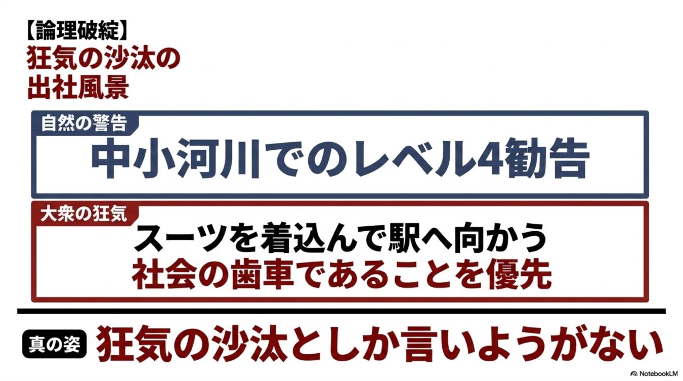 河川の氾濫危険レベル4勧告下でも、スーツ姿で出社を優先する社会の異常さを論理破綻狂気の沙汰と批判するテキスト画像。