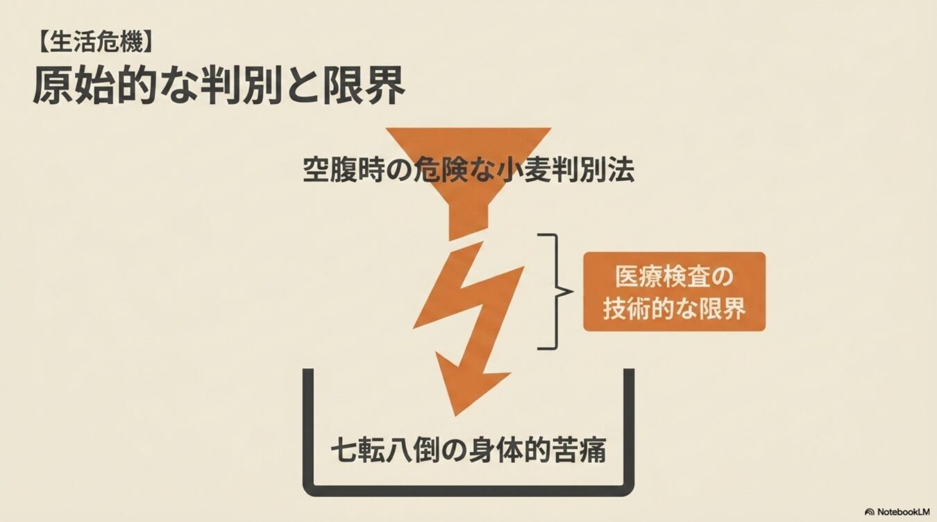 生活危機をテーマに、空腹時の危険な小麦判別法と、その過程で発生する医療検査の限界および七転八倒の身体的苦痛を図解したもの。