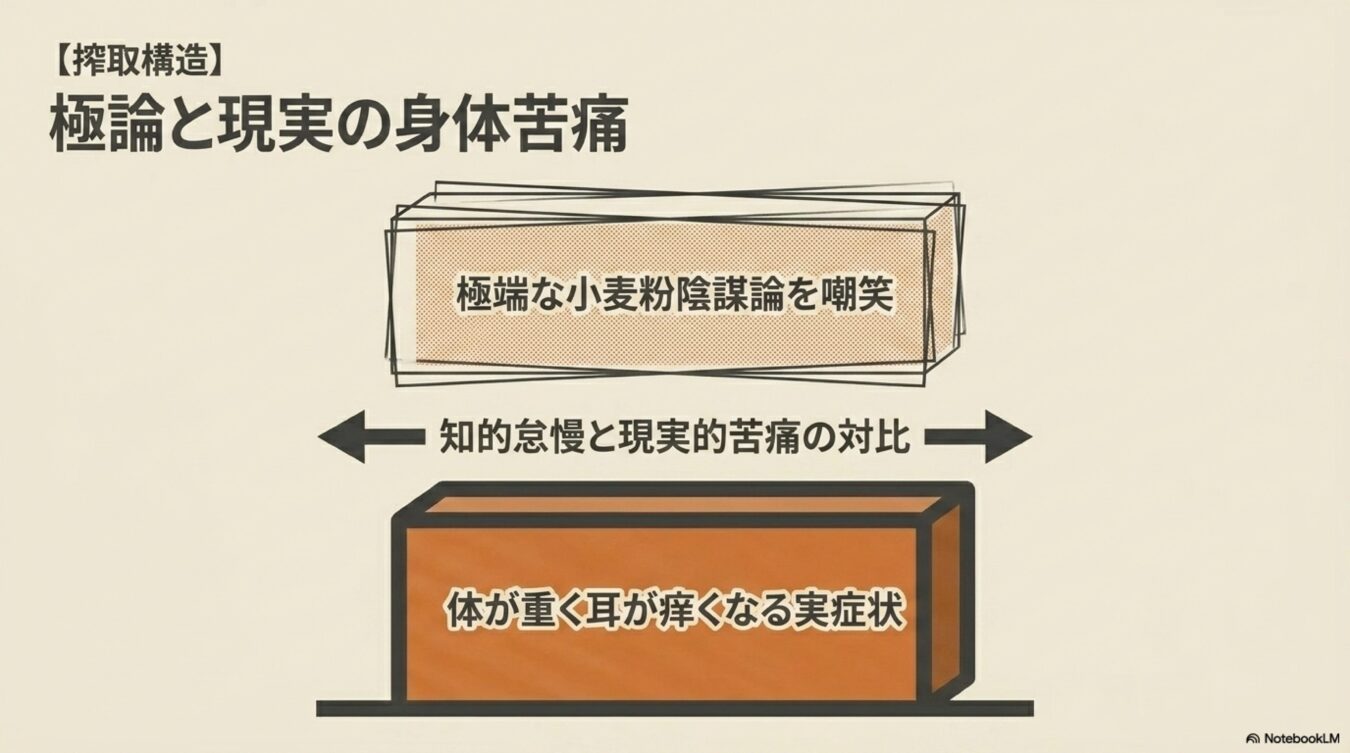 搾取構造：極論と現実の身体苦痛という表題のもと、極端な小麦粉陰謀論への嘲笑と、体が重く耳が痒くなる実症候群という現実的な苦痛を対比させた図解。