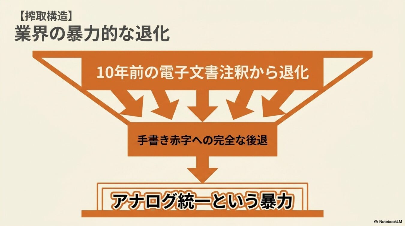 業界の暴力的な退化：電子文書注釈から手書き赤字、そしてアナログ統一へと後退する搾取構造の流れ。